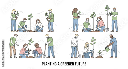 Diverse group of volunteers planting trees for a greener future.