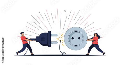 Man and woman work together to connect a giant electrical plug and socket symbolizing teamwork synergy and creating a connection.