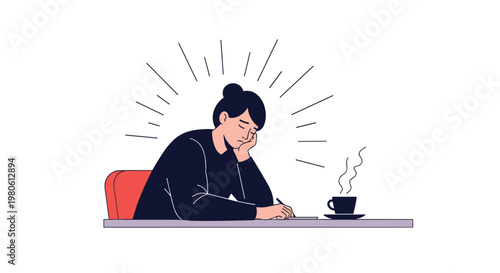 Exhausted and tired person experiencing burnout while working or studying at a desk with a cup of coffee late at night.