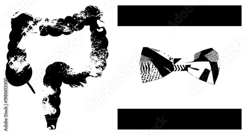 Stylized human intestines silhouette with textured brushstroke effect, paired with a geometric bow tie featuring halftone, vector art, isolated foreground elements.