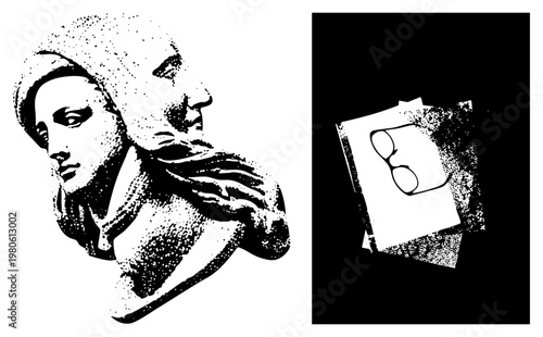 Black and white halftone bust portrait, dual faced sculpture, vintage print style, vector art, graphic design element, isolated foreground.