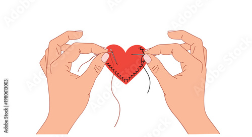 Hands carefully sew a broken red heart back together with a needle and thread symbolizing healing and relationship repair.