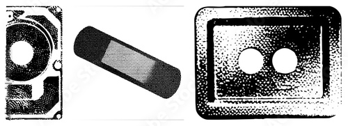 Retro tech objects rendered in halftone dot cassette tape, adhesive bandage, hard drive. Minimalist vector art with isolated foreground elements.