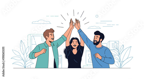 Happy friends or colleagues giving a high five to celebrate success and achievement as a unified and supportive team.