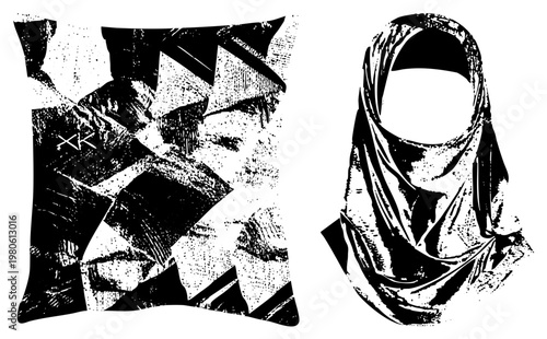 Black and white halftone pillow with angular, abstract geometric design, textile art, fashion accessory, vector illustration, modern decor, graphic print.