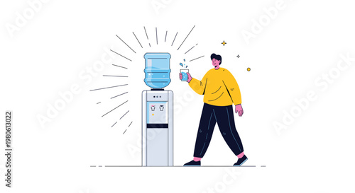 Man filling a glass of fresh water from a modern water cooler with radiating lines, emphasizing hydration and health.