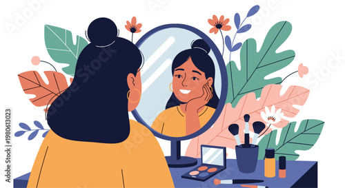 A woman with a bun smiles at her reflection in a mirror surrounded by plants and makeup promoting self-love and confidence.