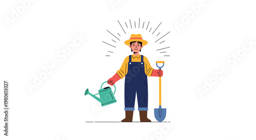 A happy farmer wearing overalls and a hat stands proudly holding a shovel and a watering can ready for gardening work.