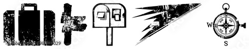 Distressed black vector including travel suitcase, pedestrian, mailbox, electric bolt, and compass rose ideal for urban design or navigation themes.