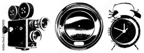 Classic film projector, camera lens, analog alarm clock, vector art, nostalgic tech, black and white illustration, vintage design elements.