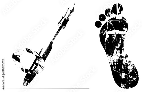 Distressed black and white vector of metal detector and human footprint, gritty texture, exploration theme, archaeological or treasure hunting motif.