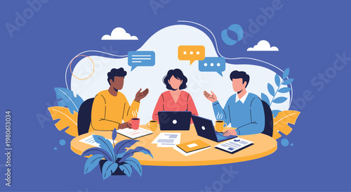 Diverse team of three people having a productive business meeting around a table with laptops, engaging in discussion and collaboration.