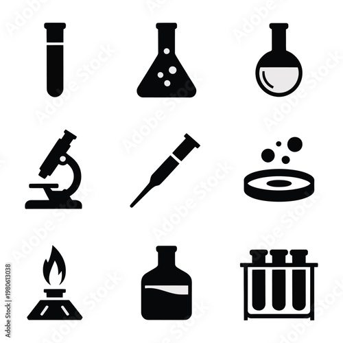Science classroom kit icons, test tube, microscope, pipette tool, laboratory burner, sample vial, rack holder, infographic, experiment lessons, silhouette vector