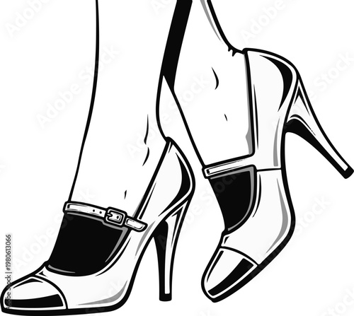 Elegant, stylized illustration of two feet wearing high-heeled mary jane shoes