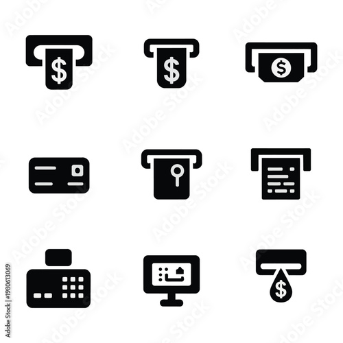 Payment device icon bundle, credit card reader and keypad symbols, retail checkout counter design, cashless transaction training vector graphic