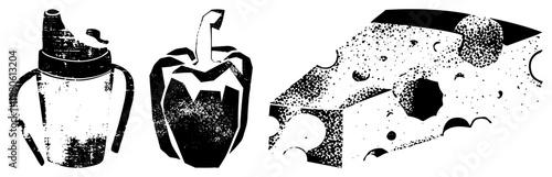 Graphic featuring a blender, bell pepper, and cheese slice in bold black and white, halftone texture, isolated vector art, food and kitchen symbols.