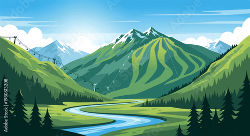 Lush green mountains, a winding river, and ski lifts under a bright blue sky
