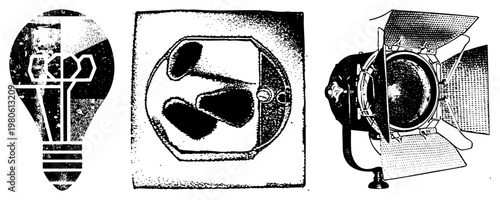 Retro halftone graphic of light bulb, film reel, and studio spotlight, vector art,, stylized equipment, isolated, cinema gear, design elements.