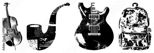 Cello, smoking pipe, electric guitar, and backpack depicted with halftone, vector graphic, isolated elements, artistic textures, design.
