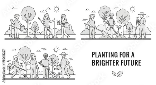 Group of volunteers planting trees in nature as a community project.