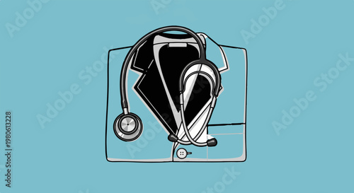 Stylized illustration of a doctor's coat with a stethoscope draped over it, on a light blue background