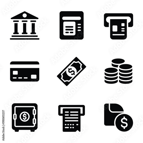 Financial institution icon set, bank atm card and money symbols, comprehensive banking service presentation, professional money management vector illustration