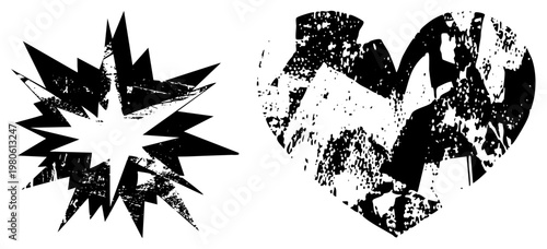 Stylized comic explosion and shattered heart, distressed black and white vector art, emotional or action symbols, graphic design elements.