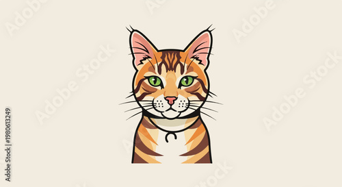 A stylized orange tabby cat with green eyes and a black collar sits centrally on a pale beige background