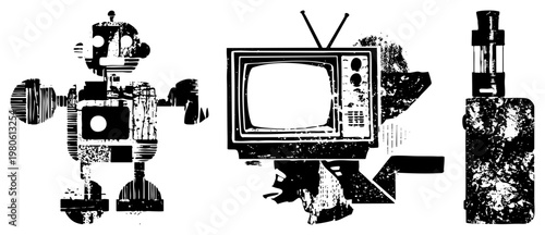 Vintage robot, old TV, e cigarette distressed vector. Synonyms retro tech, grunge tech, analog gadget silhouettes.