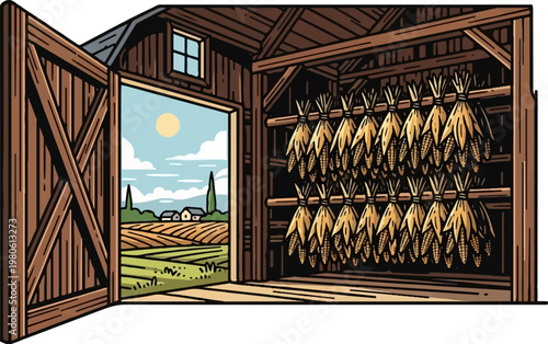 Rustic barn interior with drying corn husks, opening to a sunlit rural landscape with fields