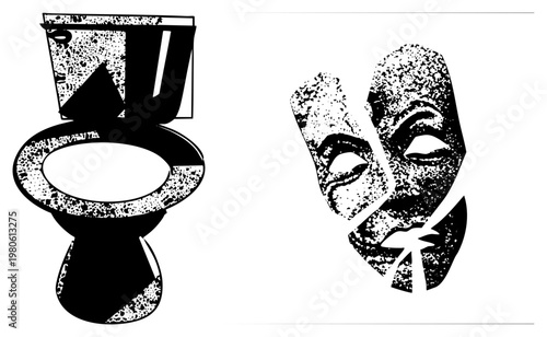 Black and white vector of toilet and theatrical mask, halftone dot, graphic design elements, stage drama, bathroom fixture.