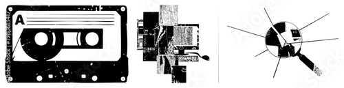 Vintage cassette tape with label "A", retro computer stack with keyboard and monitor, magnifying glass over fragmented tech, vector flat design.