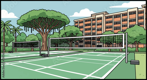 Outdoor badminton courts adjacent to a building amidst lush greenery