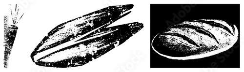 Classic black and white halftone renderings of vegetable and bread, rustic food, vintage graphic style, textured vector art, culinary symbols.