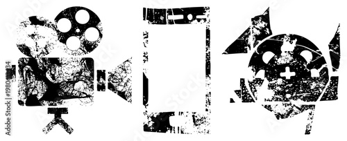 Film reel camera, smartphone, camera lens in gritty, retro symbols, distressed vector graphics, digital and analog storytelling tools.