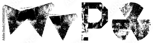 Bold black letters with gritty texture, vector typography design, distressed font style, graphic design elements, abstract lettering, typographic art, retro stencil effect.