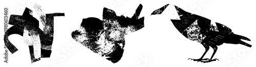 Three stylized animal forms possibly bird, dog, and abstract creature in fragmented black shapes with distressed texture, vector graphic, halftone grain effect, isolated foreground.