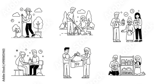 Set of line art illustrations depicting diverse volunteer and community service activities.
