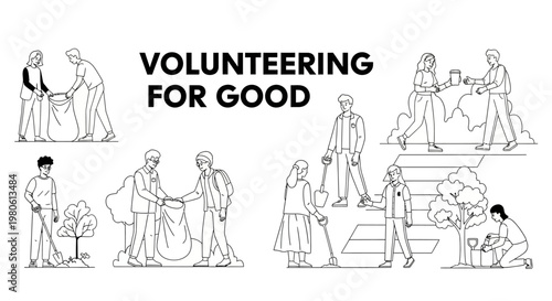 Volunteering for good illustration with people working together for community service.