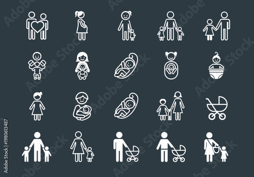Set of Minimalist Family Icons Featuring Pregnancy, Motherhood, Fatherhood, and Baby Care Symbols