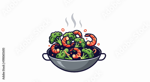 A pixel art illustration of a wok filled with steaming shrimp and broccoli florets