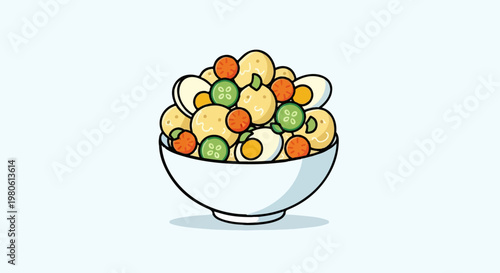 A white bowl overflowing with a cartoonish potato salad, garnished with sliced cucumbers, tomatoes, and boiled eggs