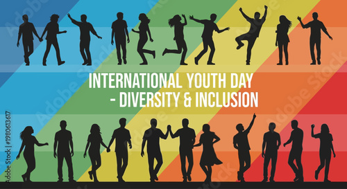 Silhouettes of diverse young people standing and dancing together in unity.