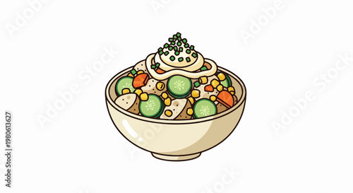 A bowl of colorful salad with creamy dressing and green toppings