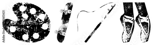 Creative tools for artists paint palette, skateboard, paintbrush, ballet shoes, all rendered in gritty halftone style.