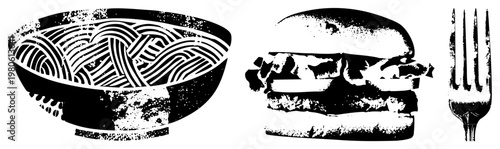 Graphic of noodle bowl, hamburger, and fork rendered in high contrast halftone, ideal for food branding or UI design, minimalist food symbols.