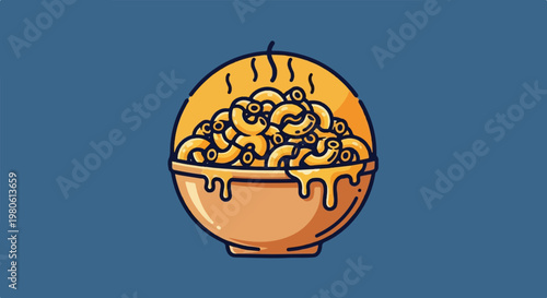 A close-up, stylized illustration of a bowl overflowing with cheesy macaroni