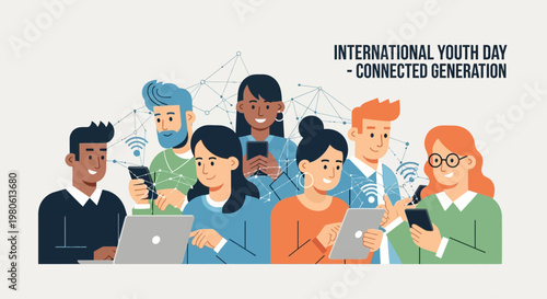 Diverse group of young people using digital devices for international youth day.
