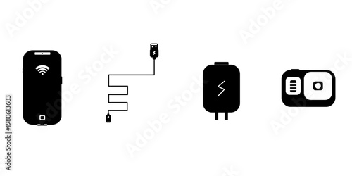 Minimalist Solid Electronics Charging Icon Set: 4 Devices Vector Collection