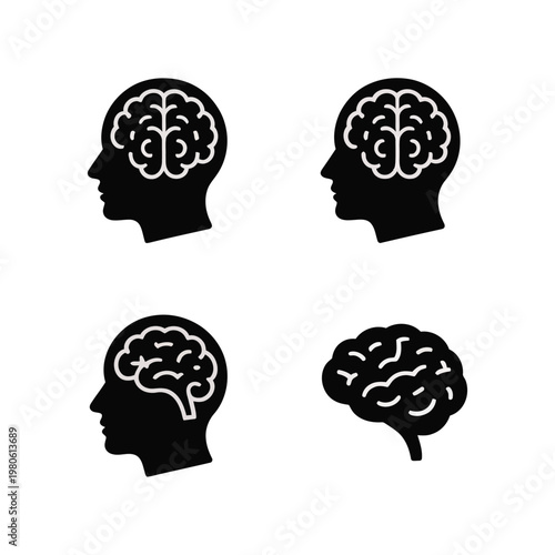 Human brain silhouette icons, psychology profile heads collection, mental health awareness poster, neuroscience education event, cognitive science conference vector illustration